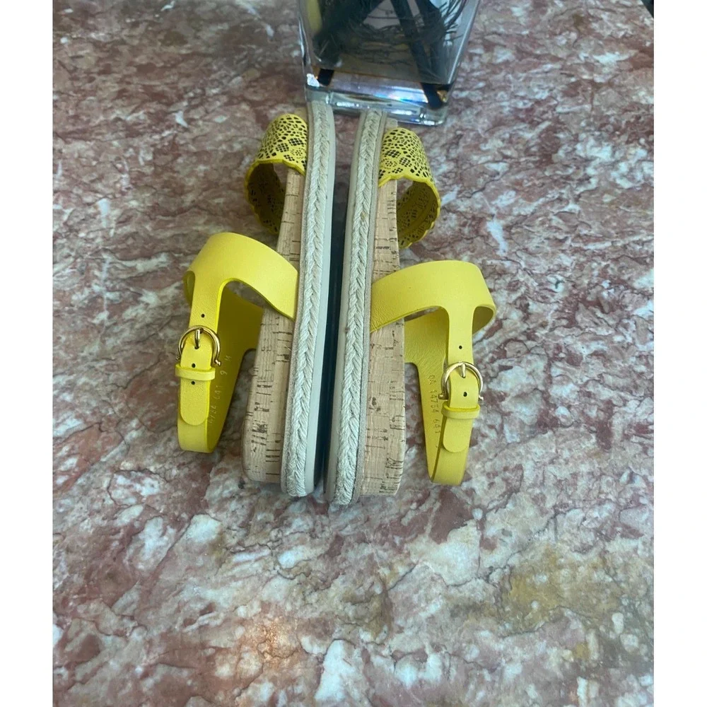 New Salvatore Ferragamo Gianette Yellow Laser-Cut Leather Sandals Size 9M, $695